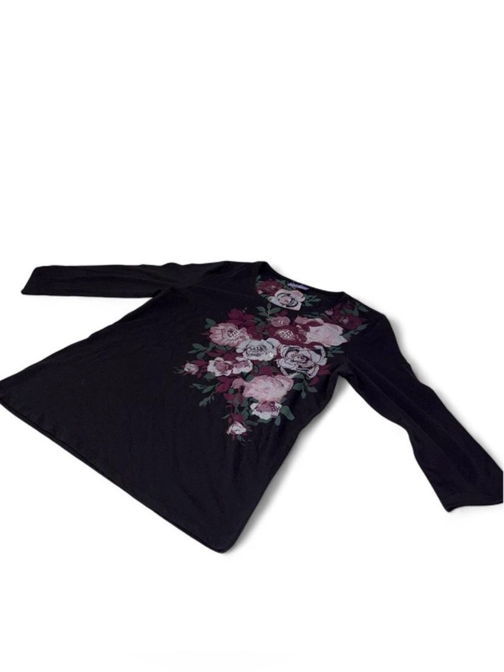 Laura Scott Black Long-Sleeve Women’s Sweater with Pink Floral Print size M